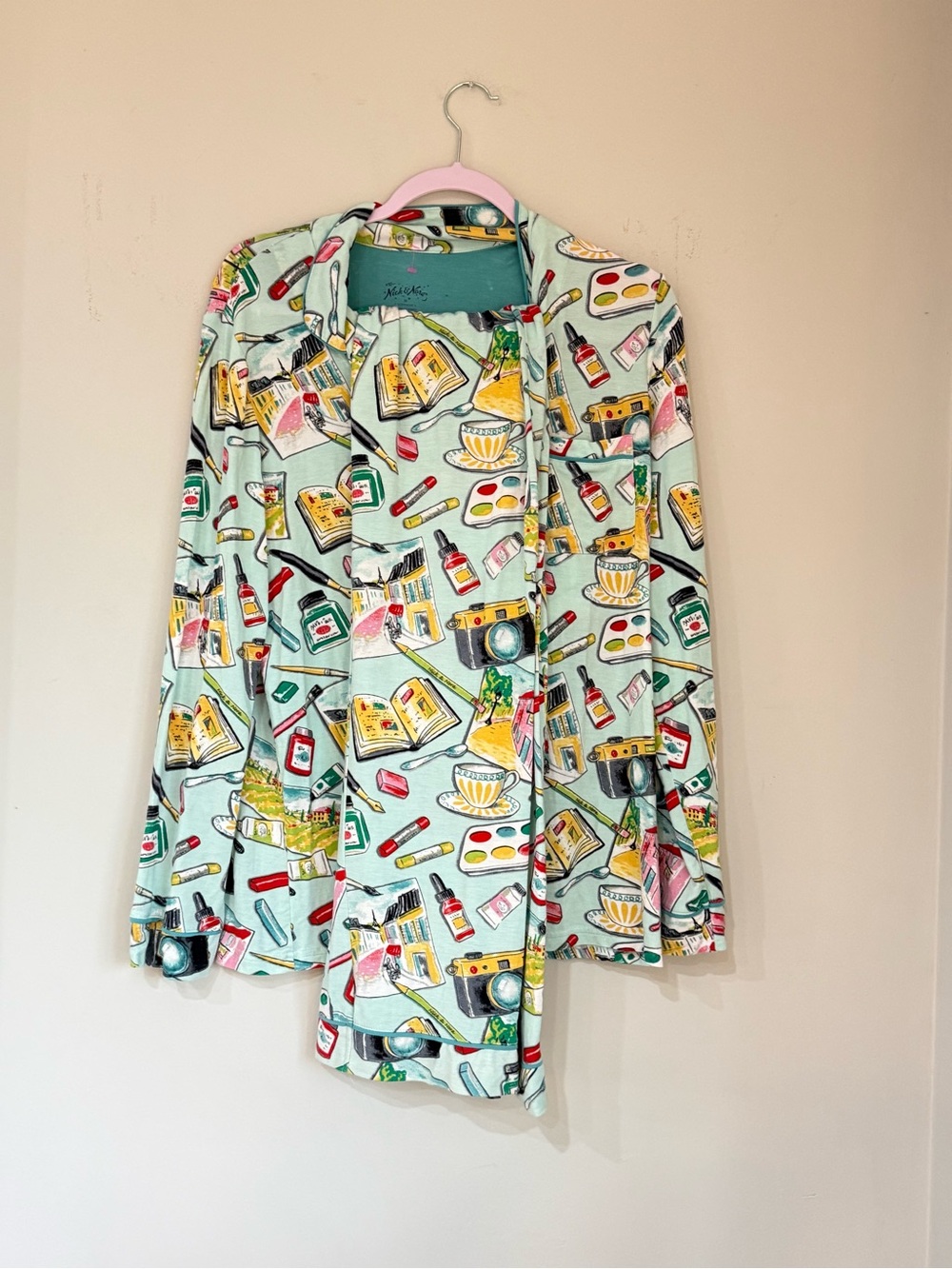 Nick & Nora Novelty Print Pajama Set Size Medium Aqua Lounge Sleepwear - Picture 1 of 6
